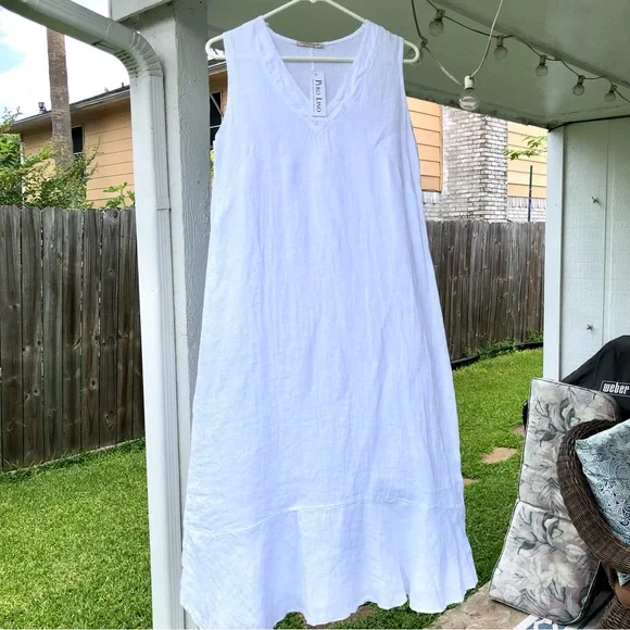 francesca bettini linen dress M Blue White Striped 100% Coastal Lagenlook Francesca Bettini Linen Dress Midi